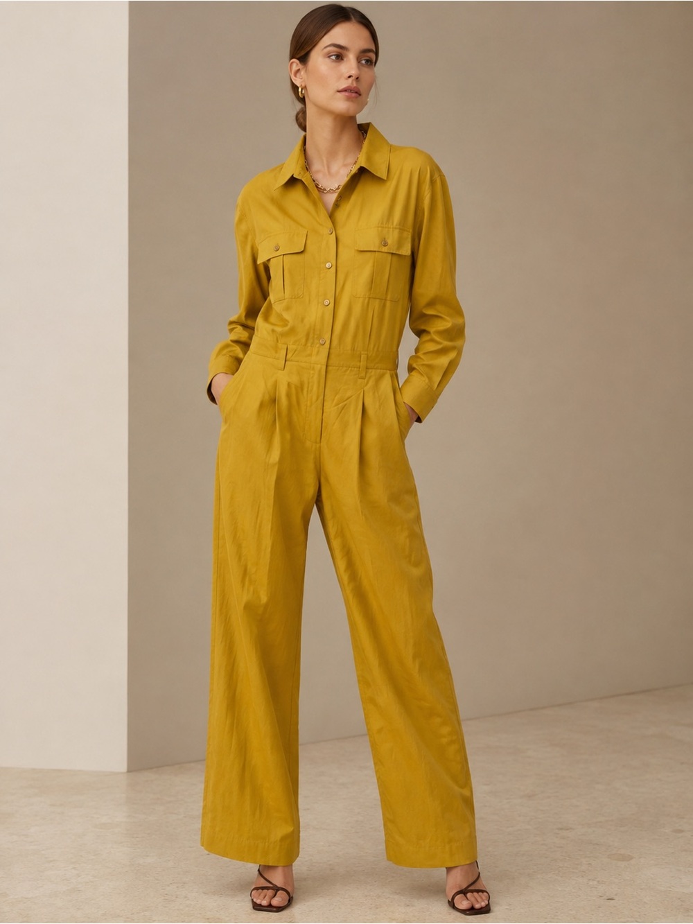 Max Mara Studio Cotton Utility Jumpsuit Mustard Yellow Safari Boilersuit US 12